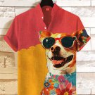 Men's Happy Dog Art Sunglasses Painting Print Linen Blend Shirt