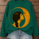 Women's Woman Kissing Moon Art Print Cotton Long Sleeve T-Shirt Thin Sweatshirt