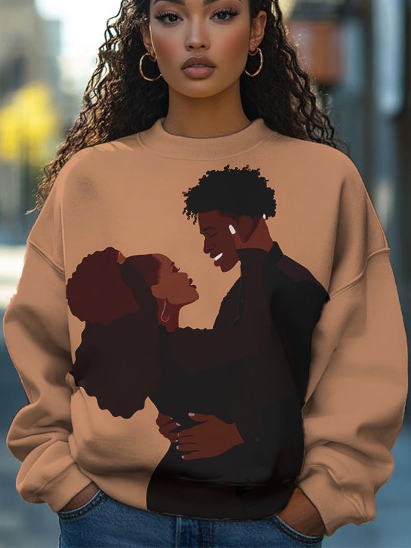 Women's Black Couple Valentine's Day Art Print Casual Sweatshirt