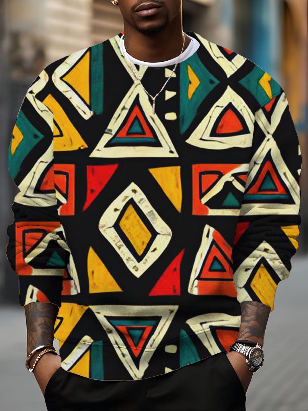 Men's Multicolor Geometric Pattern Print Casual Sweatshirt