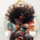 Women's Black Woman Wearing Kimono Print Casual Sweatshirt
