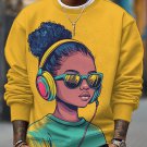 Men's Black Girl With Headphones Print Casual Sweatshirt