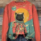 Women's Black Cat Astronaut Color Block Art Print Casual Sweatshirt
