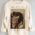 Women's Books Coffee Cats Life Is Good Print Cotton Long Sleeve T-Shirt Thin Sweatshirt