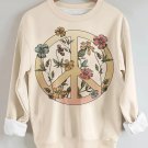Women's Flowers Peace Sign Print Cotton Long Sleeve T-Shirt Thin Sweatshirt