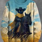 Men's Western Black Cat Riding A Horse Print Casual Sweatshirt