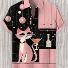Men's Retro Cat Cocktail Party Art Print Linen Blend Shirt