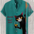 Men's Black Cat Cocktail Fuck That Shit Print Linen Blend Shirt