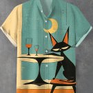Men's Retro Night Drunk Cat Contrast Color Print Linen Blend Shirt