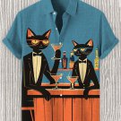 Men's Bar Black Cat Cocktail Art Print Linen Blend Shirt