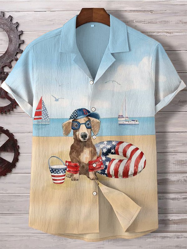 Men's Beach Vacation Dog American Flag Pattern Print Casual Linen Blend Shirt