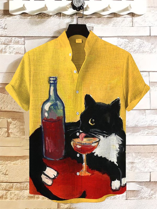 Men's Cat Drinks Red Wine Art Print Casual Linen Blend Shirt