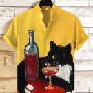 Men's Cat Drinks Red Wine Art Print Casual Linen Blend Shirt