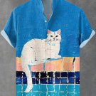 Men's Swimming Pool White Cat Oil Painting Print Linen Blend Shirt