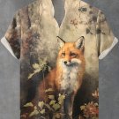 Men's Retro Forest Fox Oil Painting Print Linen Blend Shirt