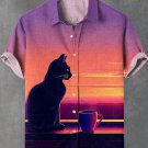 Men's Sunset Coffee Black Cat Vaporwave Art Print Linen Blend Shirt