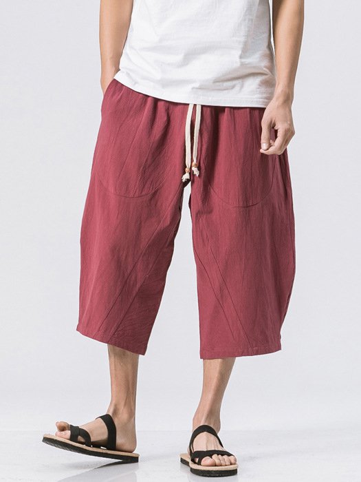 Men's Loose Solid Color Cotton Linen Casual Cropped Pants