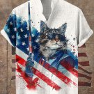 Men's Cool Patriotic Cat Warrior Ink Painting Print Linen Blend Shirt