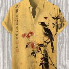 Men's Vintage Elegant Flower And Bird Ink Art Print Linen Blend Shirt
