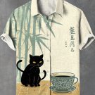 Men's Zen Black Cat Bamboo Tea Ink Painting Print Linen Blend Shirt