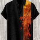Men's Retro Cherry Blossoms And Cranes Art Print Linen Blend Shirt