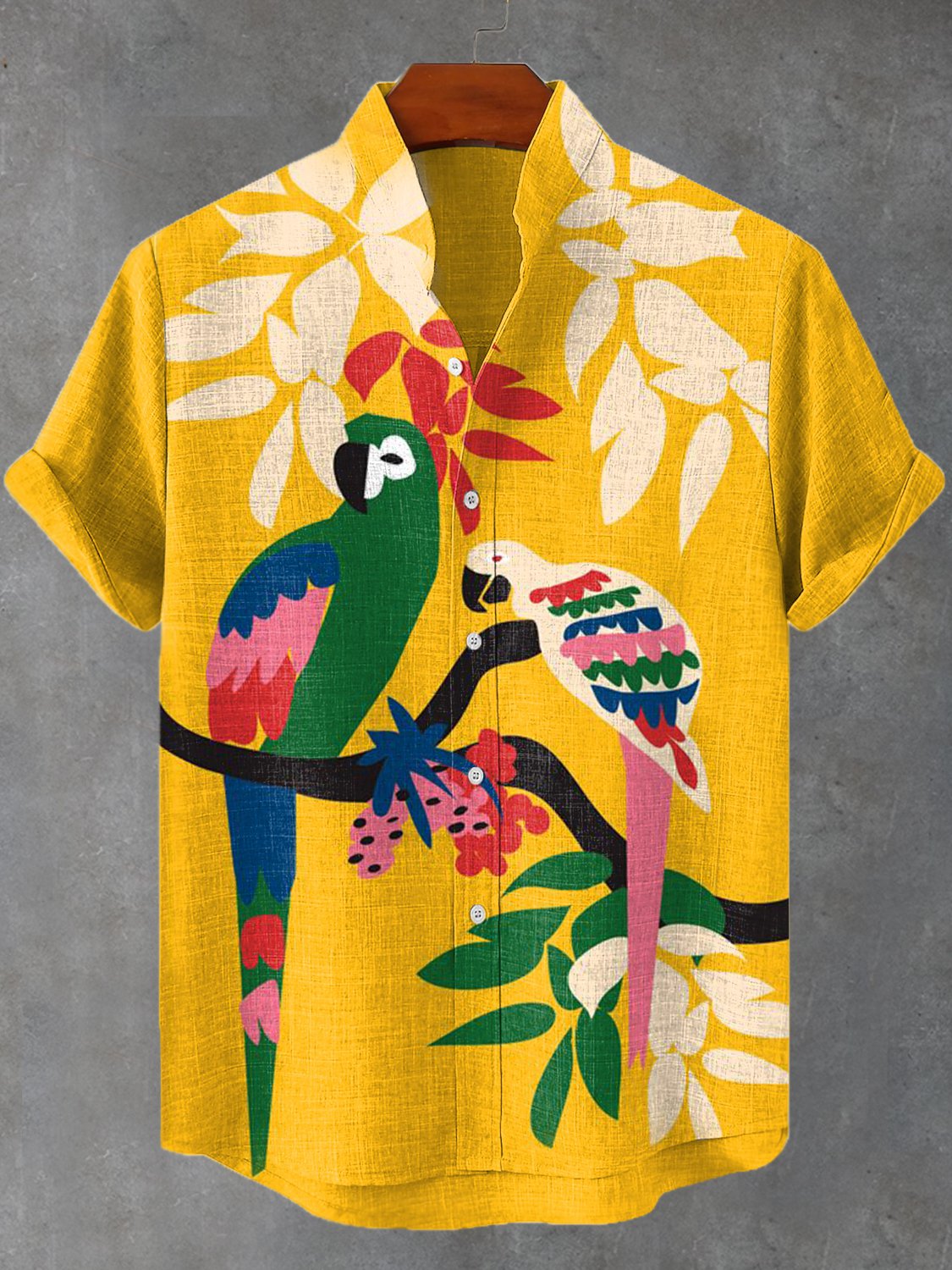 Men's Boho Tropical Bird Art Print Short Sleeve Linen Blend Shirt