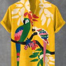 Men's Boho Tropical Bird Art Print Short Sleeve Linen Blend Shirt