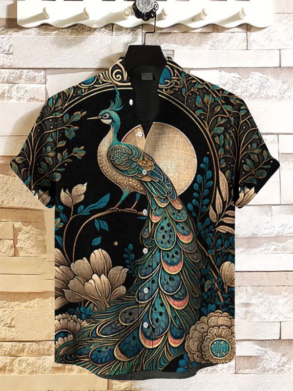 Men's Peacock Floral Pattern Retro Linen Blend Shirt