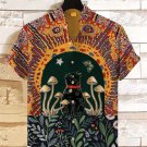 Men's Black Cat Mushroom Magical World Print Short Sleeve Linen Blend Shirt