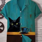 Men's Black Cat With Cup Of Coffee Art Print Linen Blend Shirt