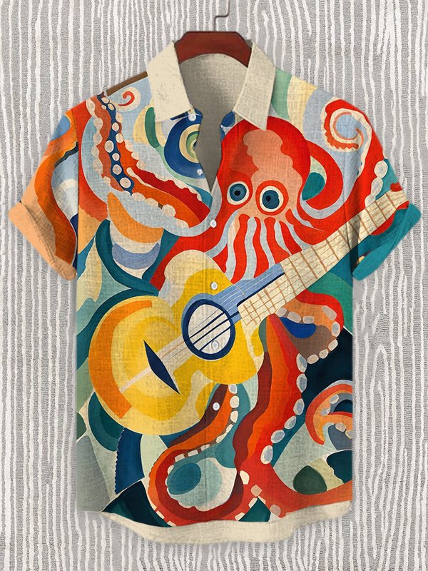 Men's Jazz Octopus Playing Guitar Art Print Linen Blend Shirt
