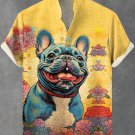 Men's Boho Sakura Ukiyo-e Bulldog Print Linen Blend Shirt