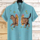 Men's Funny Shuttle Cat Print Linen Blend Shirt
