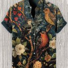 Men's Vintage Bird Robin and Sparrow Print Linen Blend Shirt