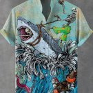 Men's Fun Skeleton Sharks Vintage Print Linen Blend Shirt