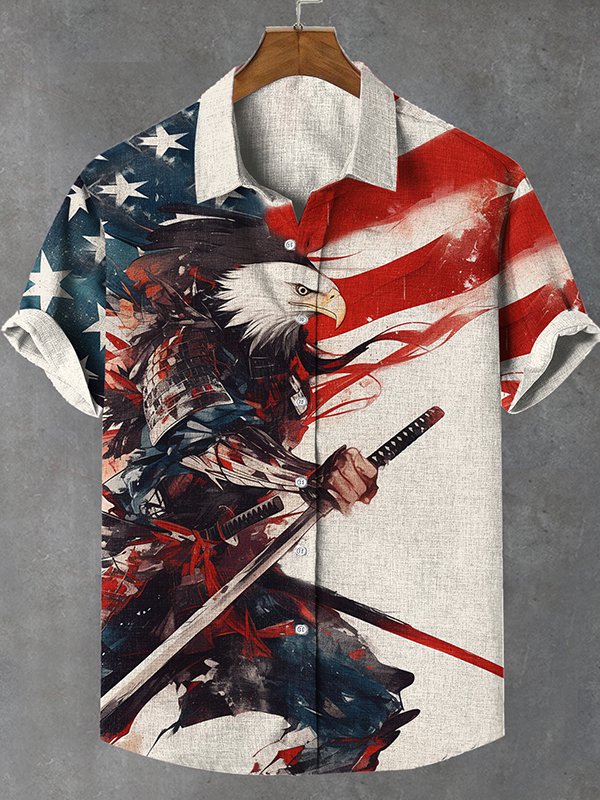 Men's Fighting Patriotic Eagle Warrior Splash-Ink Art Print Linen Blend Shirt