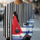 Women's Fashionable Lady Striped Art Print Casual Sweatshirt