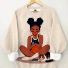 Women's Black Girl Holding Basketball Sitting With Cat Art Print Casual Sweatshirt