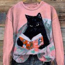 Women's Black Cat Reading Art Print Casual Sweatshirt