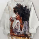 Women's Drinking Coffee Watercolor Painting Print Casual Sweatshirt