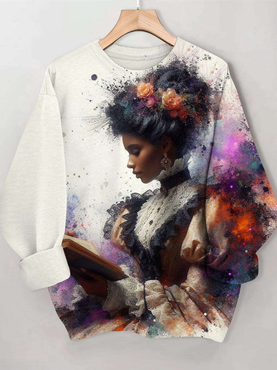 Women's Elegant Black Woman Reading Book Watercolor Art Print Casual Sweatshirt