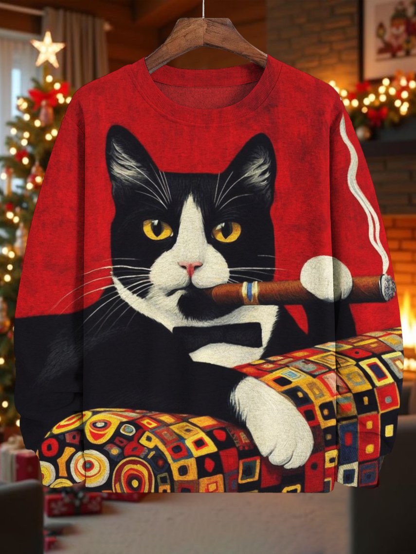 Men's Cat Smoking Cigar Art Print Casual Sweatshirt
