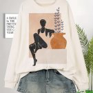 Women's Black Woman and Floral Illustration Print Casual Sweatshirt