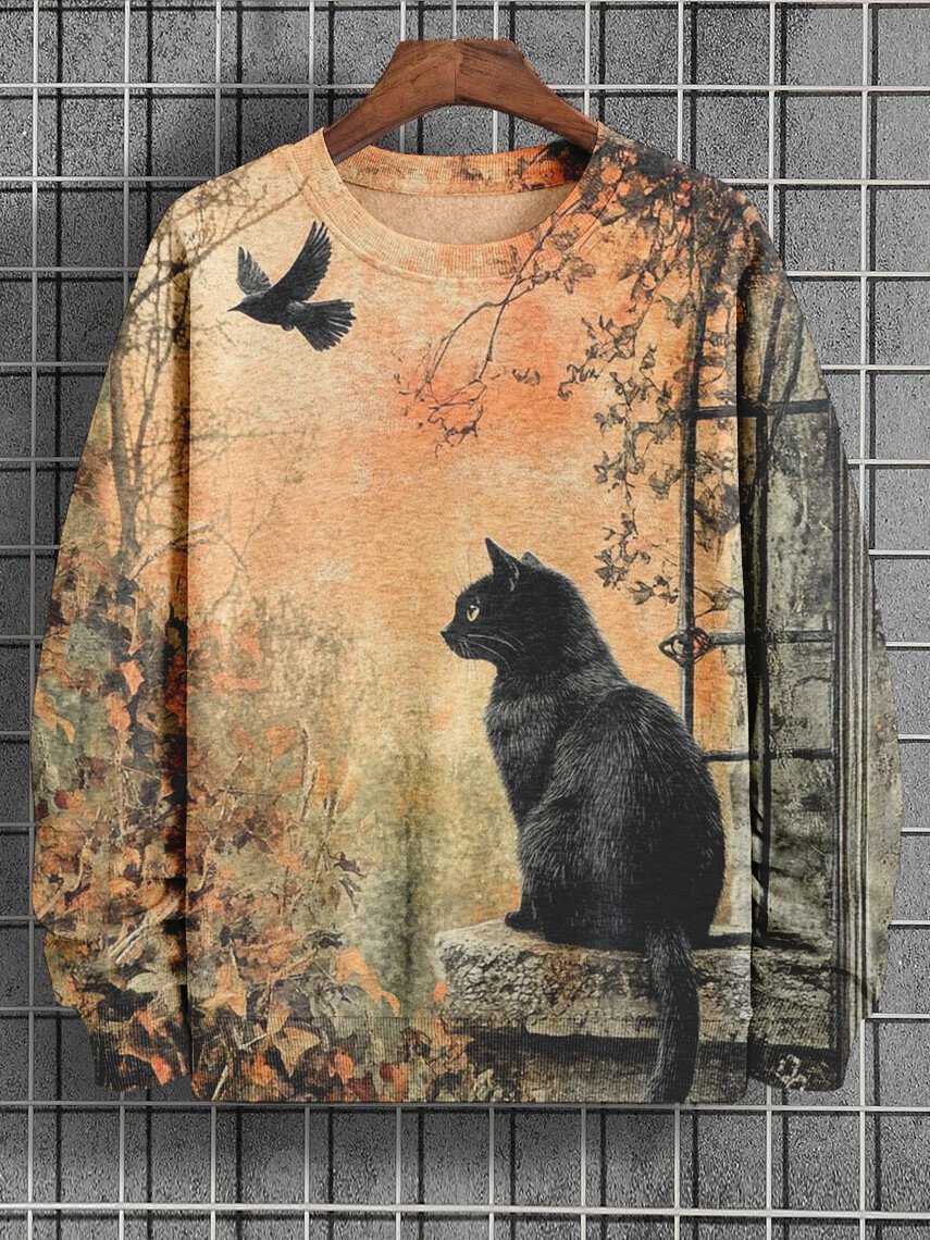 Men's Retro Black Cat and Bird Art Print Casual Sweatshirt
