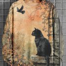 Men's Retro Black Cat and Bird Art Print Casual Sweatshirt