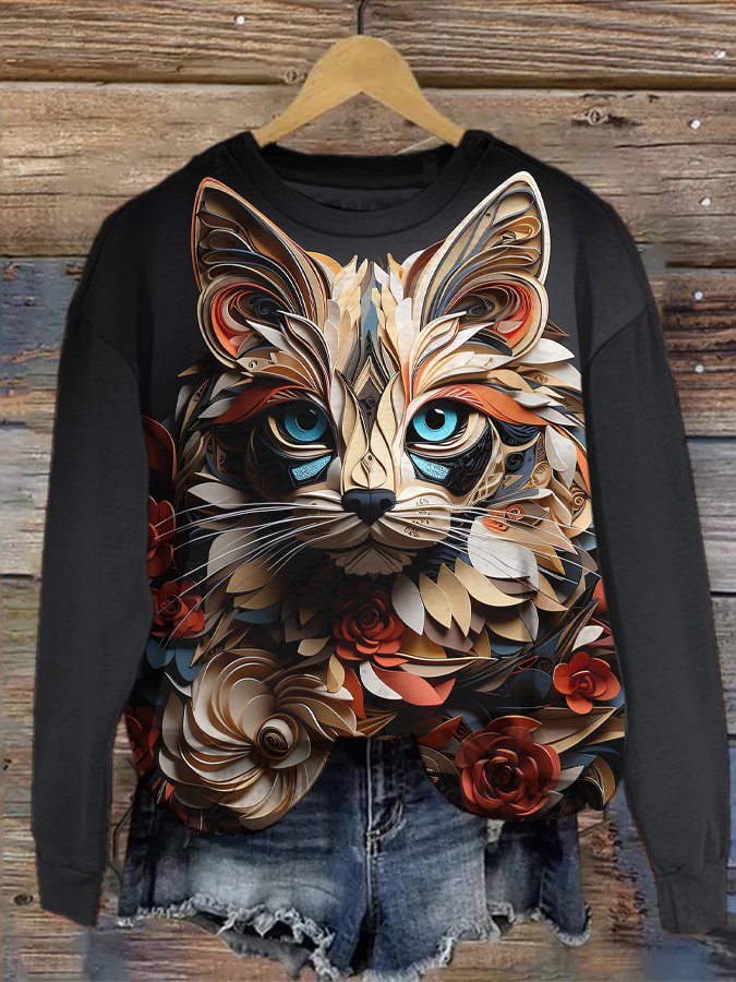 Women's 3D Paper Art Cat Print Casual Sweatshirt