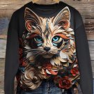 Women's 3D Paper Art Cat Print Casual Sweatshirt