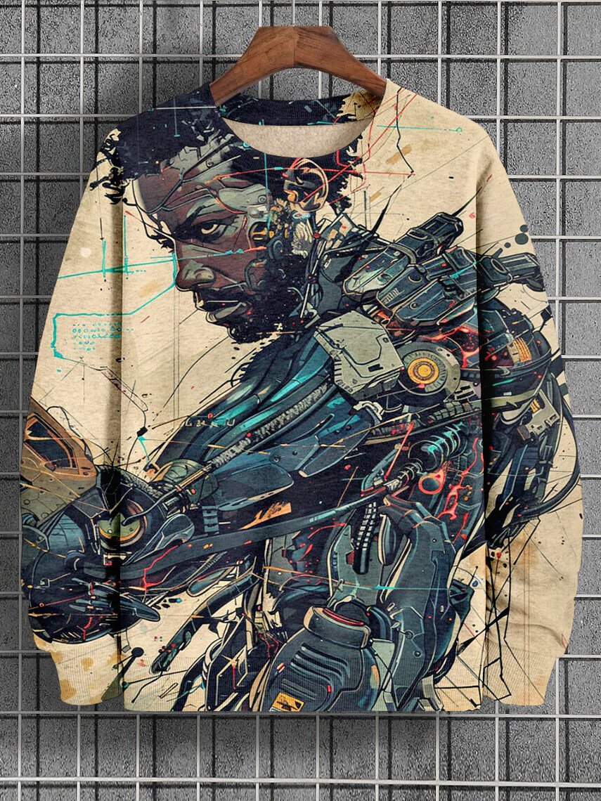Men's Futuristic Sci-Fi Punk Mechanical Man Print Casual Sweatshirt