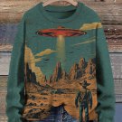 Women's Western Cowboy Meets UFO Art Print Casual Sweatshirt
