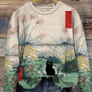 Women's Japanese Cat Print Edo Period Mount Fuji Print Casual Sweatshirt